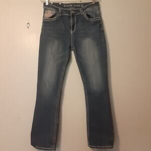 Live Hard Women's Jeans size 12 Dark Wash Distressed Denim Embellished Western